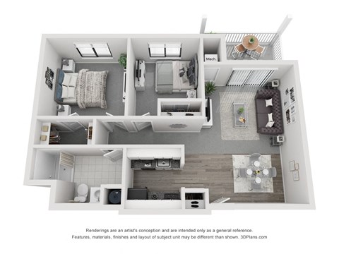 Floor plan for 2 beds, 1 bath, 722 sqft